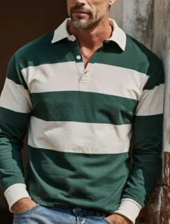 Men's Horizontal Stripes Rugby Polo Long Sleeve Polo Shirts Collared Shirts Sportswear Casual School Outdoor Athleisure 3D Print Spring Fall Winter Maroon Blue Green