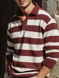 Men's Horizontal Stripes Rugby Polo Long Sleeve Polo Shirts Collared Shirts Sportswear Casual School Outdoor Athleisure 3D Print Spring Fall Winter Maroon Blue Green