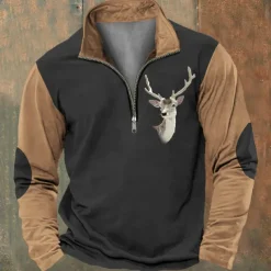 Men's Hunting Deer Sweatshirts Quarter Zip Sweatshirt Long Sleeve Sweatshirt Zip Vintage Retro Western Cowboy 3D Printing Climbing Hunting Winter Spring & Fall