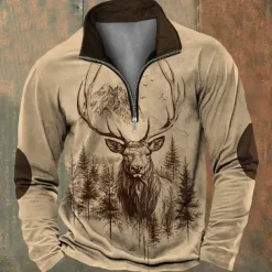Men's Hunting Deer Sweatshirts Quarter Zip Sweatshirt Long Sleeve Sweatshirt Stand Collar Vintage Retro Western Cowboy 3D Printing Hunting Crewneck 3D Print Winter Spring & Fall