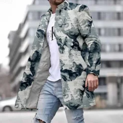 Men's Ink Painting Winter Coat Fleece Jacket Overcoat Thermal Comfortable Artistic Casual Outdoor Party Evening Wear Daily Wear Buttons 3D Print Front Pocket Winter Turndown Long Sleeve Blue