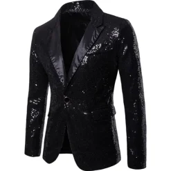Men's Jacket Blazer Wedding Party / Evening Reflective Glitter Sequin Spring Fall Sequin Party Shawl Collar Regular Regular Regular Fit Black Silver Red Blue Purple Jacket