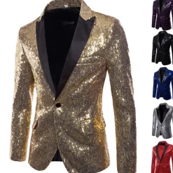 Men's Jacket Blazer Wedding Party / Evening Reflective Glitter Sequin Spring Fall Sequin Party Shawl Collar Regular Regular Regular Fit Black Silver Red Blue Purple Jacket