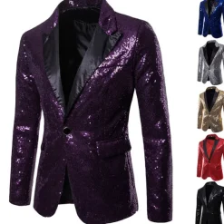 Men's Jacket Blazer Wedding Party / Evening Reflective Glitter Sequin Spring Fall Sequin Party Shawl Collar Regular Regular Regular Fit Black Silver Red Blue Purple Jacket