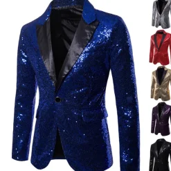 Men's Jacket Blazer Wedding Party / Evening Reflective Glitter Sequin Spring Fall Sequin Party Shawl Collar Regular Regular Regular Fit Black Silver Red Blue Purple Jacket