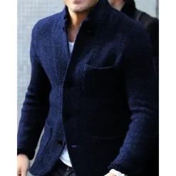 Men's Jacket Casual Jacket Outdoor Daily Wear Warm Button Pocket Fall Winter Plain Fashion Streetwear Stand Collar Regular Black Blue Grey Jacket