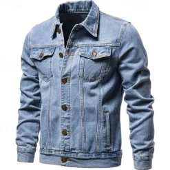 Men's Jean Jacket Denim Jacket Casual Daily Windbreaker Classic Style Denim Spring & Fall Fall & Winter Solid / Plain Color Casual Lapel Regular Black Dark Blue Light Blue Jacket