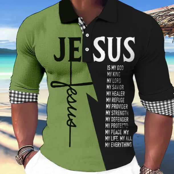 Men's Jesus Christian Hawaiian Polo Shirts Golf Shirt Long Sleeve Polo Shirts Collared Shirts Casual Beach Wear Vacation Wear Party Outfits Buttons 3D Print White Light Green Blue