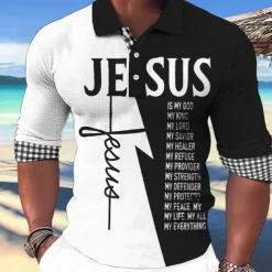 Men's Jesus Christian Hawaiian Polo Shirts Golf Shirt Long Sleeve Polo Shirts Collared Shirts Casual Beach Wear Vacation Wear Party Outfits Buttons 3D Print White Light Green Blue