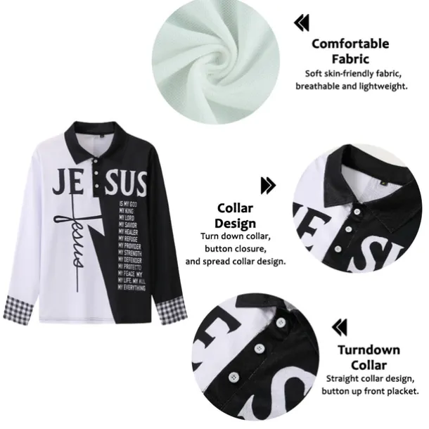 Men's Jesus Christian Hawaiian Polo Shirts Golf Shirt Long Sleeve Polo Shirts Collared Shirts Casual Beach Wear Vacation Wear Party Outfits Buttons 3D Print White Light Green Blue