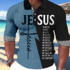Men's Jesus Christian Hawaiian Polo Shirts Golf Shirt Long Sleeve Polo Shirts Collared Shirts Casual Beach Wear Vacation Wear Party Outfits Buttons 3D Print White Light Green Blue