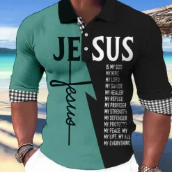 Men's Jesus Christian Hawaiian Polo Shirts Golf Shirt Long Sleeve Polo Shirts Collared Shirts Casual Beach Wear Vacation Wear Party Outfits Buttons 3D Print White Light Green Blue