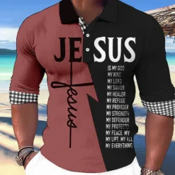 Men's Jesus Christian Hawaiian Polo Shirts Golf Shirt Long Sleeve Polo Shirts Collared Shirts Casual Beach Wear Vacation Wear Party Outfits Buttons 3D Print White Light Green Blue