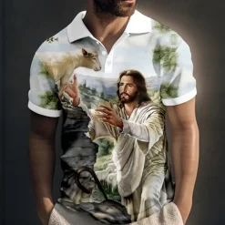 Men's Jesus Christian Polo Shirts Golf Shirt Short Sleeve Polo Shirts Collared Shirts Vintage Casual Vacation Wear Festival Wear Party Outfits Buttons 3D Print Yellow Blue Green