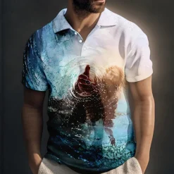 Men's Jesus Christian Polo Shirts Golf Shirt Short Sleeve Polo Shirts Collared Shirts Vintage Casual Vacation Wear Festival Wear Party Outfits Buttons 3D Print Yellow Blue Green