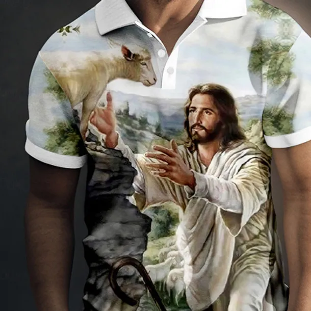 Men's Jesus Christian Polo Shirts Golf Shirt Short Sleeve Polo Shirts Collared Shirts Vintage Casual Vacation Wear Festival Wear Party Outfits Buttons 3D Print Yellow Blue Green