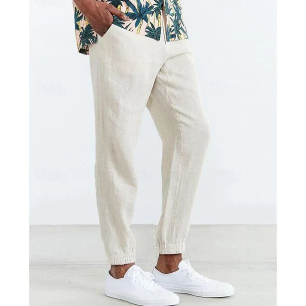 Men's Joggers Linen Pants Trousers Summer Pants Casual Pants Pocket Drawstring Elastic Waist Plain Comfort Breathable Home Daily Holiday Basic Casual Black White Inelastic