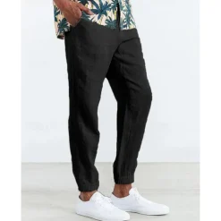 Men's Joggers Linen Pants Trousers Summer Pants Casual Pants Pocket Drawstring Elastic Waist Plain Comfort Breathable Home Daily Holiday Basic Casual Black White Inelastic
