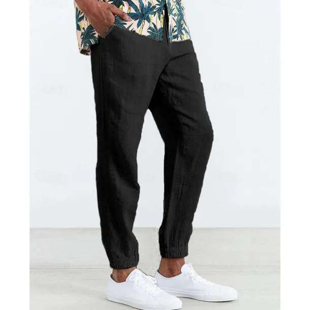 Men's Joggers Linen Pants Trousers Summer Pants Casual Pants Pocket Drawstring Elastic Waist Plain Comfort Breathable Home Daily Holiday Basic Casual Black White Inelastic