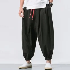 Men's Joggers Linen Pants Trousers Summer Pants Beach Pants Drawstring Elastic Waist Drop Crotch Plain Daily Gym Streetwear Casual Hip-Hop Loose Fit Black White