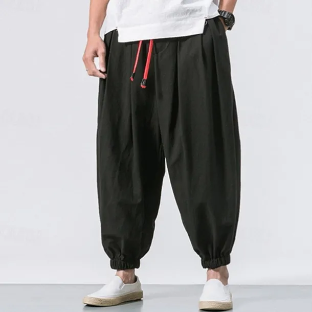 Men's Joggers Linen Pants Trousers Summer Pants Beach Pants Drawstring Elastic Waist Drop Crotch Plain Daily Gym Streetwear Casual Hip-Hop Loose Fit Black White