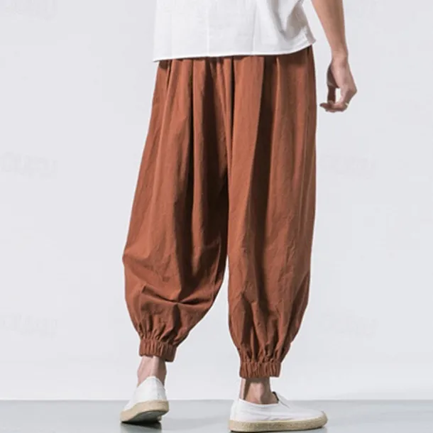 Men's Joggers Linen Pants Trousers Summer Pants Beach Pants Drawstring Elastic Waist Drop Crotch Plain Daily Gym Streetwear Casual Hip-Hop Loose Fit Black White