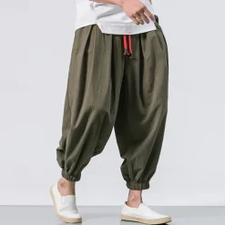 Men's Joggers Linen Pants Trousers Summer Pants Beach Pants Drawstring Elastic Waist Drop Crotch Plain Daily Gym Streetwear Casual Hip-Hop Loose Fit Black White