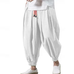 Men's Joggers Linen Pants Trousers Summer Pants Beach Pants Drawstring Elastic Waist Drop Crotch Plain Daily Gym Streetwear Casual Hip-Hop Loose Fit Black White