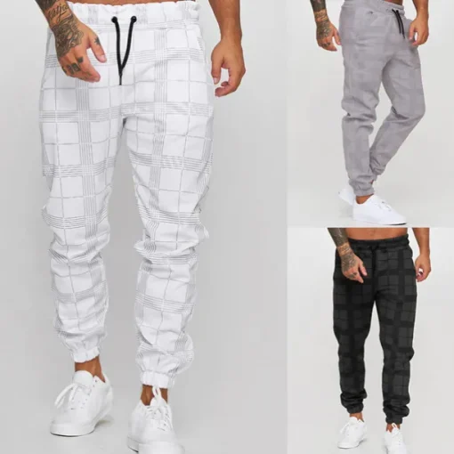Men's Joggers Trousers Casual Pants Plaid Drawstring Trousers Elastic Waist Print Plaid Geometry Outdoor Sports Full Length Formal Sports Outdoor Streetwear Casual Black White Micro-elastic