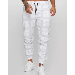 Men's Joggers Trousers Casual Pants Plaid Drawstring Trousers Elastic Waist Print Plaid Geometry Outdoor Sports Full Length Formal Sports Outdoor Streetwear Casual Black White Micro-elastic