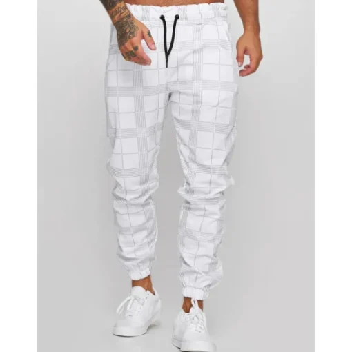 Men's Joggers Trousers Casual Pants Plaid Drawstring Trousers Elastic Waist Print Plaid Geometry Outdoor Sports Full Length Formal Sports Outdoor Streetwear Casual Black White Micro-elastic