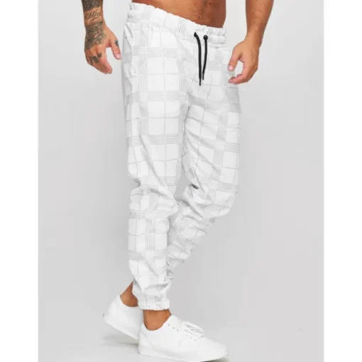 Men's Joggers Trousers Casual Pants Plaid Drawstring Trousers Elastic Waist Print Plaid Geometry Outdoor Sports Full Length Formal Sports Outdoor Streetwear Casual Black White Micro-elastic