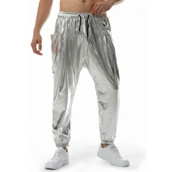 Men's Joggers Trousers Casual Pants Sequin Pants Elastic Waist Elastic Cuff Solid Colored Windproof Breathable Full Length Casual Clubwear Athleisure Loose Fit Silver Gold Micro-elastic