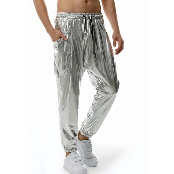 Men's Joggers Trousers Casual Pants Sequin Pants Elastic Waist Elastic Cuff Solid Colored Windproof Breathable Full Length Casual Clubwear Athleisure Loose Fit Silver Gold Micro-elastic