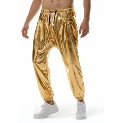 Men's Joggers Trousers Casual Pants Sequin Pants Elastic Waist Elastic Cuff Solid Colored Windproof Breathable Full Length Casual Clubwear Athleisure Loose Fit Silver Gold Micro-elastic