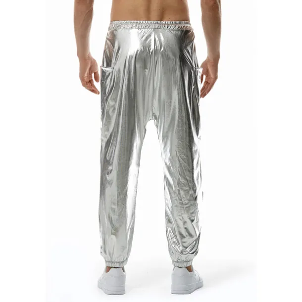 Men's Joggers Trousers Casual Pants Sequin Pants Elastic Waist Elastic Cuff Solid Colored Windproof Breathable Full Length Casual Clubwear Athleisure Loose Fit Silver Gold Micro-elastic
