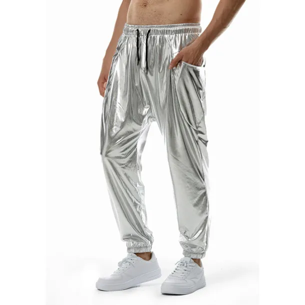 Men's Joggers Trousers Casual Pants Sequin Pants Elastic Waist Elastic Cuff Solid Colored Windproof Breathable Full Length Casual Clubwear Athleisure Loose Fit Silver Gold Micro-elastic