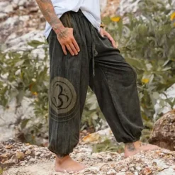 Men's Joggers Trousers Summer Pants Baggy Pants Beach Pants Drawstring Elastic Waist Drop Crotch Plain Comfort Breathable Full Length Outdoor Casual Holiday Ethnic Style Retro Vintage Green