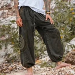 Men's Joggers Trousers Summer Pants Baggy Pants Beach Pants Drawstring Elastic Waist Drop Crotch Plain Comfort Breathable Full Length Outdoor Casual Holiday Ethnic Style Retro Vintage Green