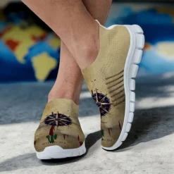 Men's Khaki Compass Print Flyknit Sneakers - Lightweight Breathable Running Shoes for Travel, Hiking and Casual Wear