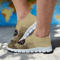 Men's Khaki Compass Print Flyknit Sneakers - Lightweight Breathable Running Shoes for Travel, Hiking and Casual Wear
