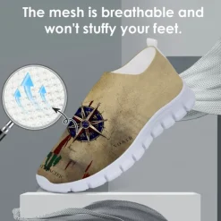 Men's Khaki Compass Print Flyknit Sneakers - Lightweight Breathable Running Shoes for Travel, Hiking and Casual Wear