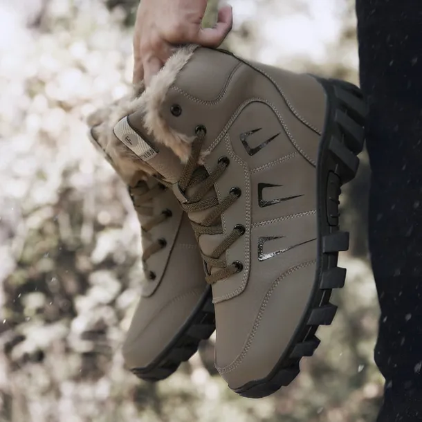 Men's Khaki Winter Hiking Boots – Fur-Lined Warm Outdoor Boots with Durable Non-Slip Sole for Cold Weather