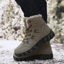 Men's Khaki Winter Hiking Boots – Fur-Lined Warm Outdoor Boots with Durable Non-Slip Sole for Cold Weather