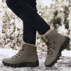 Men's Khaki Winter Hiking Boots – Fur-Lined Warm Outdoor Boots with Durable Non-Slip Sole for Cold Weather