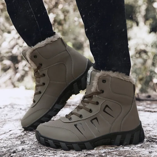 Men's Khaki Winter Hiking Boots – Fur-Lined Warm Outdoor Boots with Durable Non-Slip Sole for Cold Weather