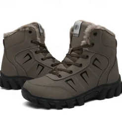 Men's Khaki Winter Hiking Boots – Fur-Lined Warm Outdoor Boots with Durable Non-Slip Sole for Cold Weather