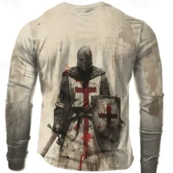 Men's Knights Templar Christian T shirt Henley Shirt Long Sleeve 3D Print Designer Retro Vintage Street Casual Daily Summer Spring Fall Khaki Henley Henley T-Shirt