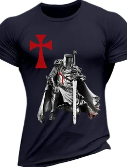 Men's Knights Templar Graphic Prints Faith T Shirt Graphic Tee Cotton Short Sleeves Graphic Shirt Wine Black White Comfortable Tee Vacation Street Fashion Designer Clothing