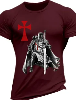 Men's Knights Templar Graphic Prints Faith T Shirt Graphic Tee Cotton Short Sleeves Graphic Shirt Wine Black White Comfortable Tee Vacation Street Fashion Designer Clothing